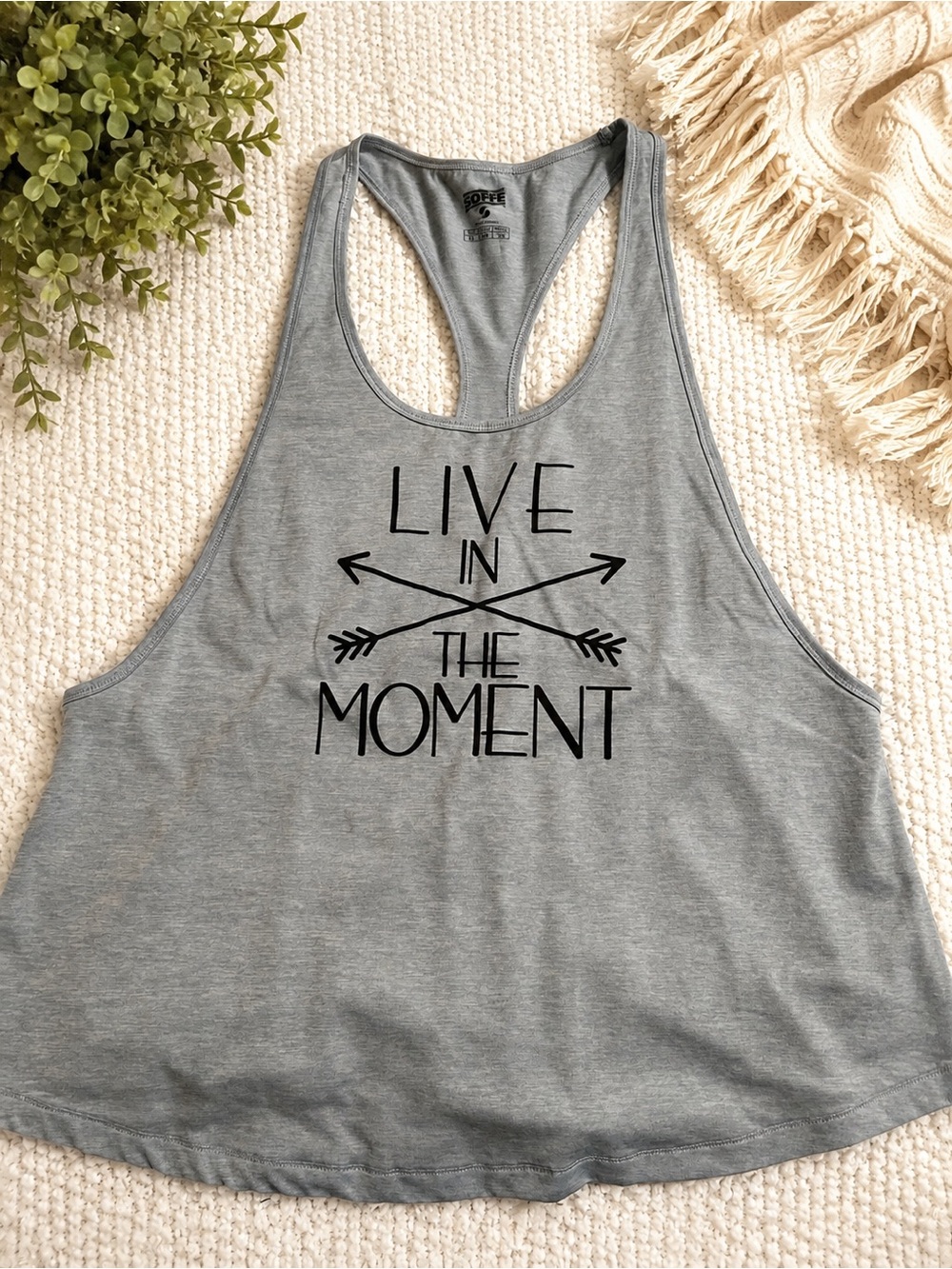 Soffe Heather Light Blue Racerback Tank with 'Live in the Moment' Print